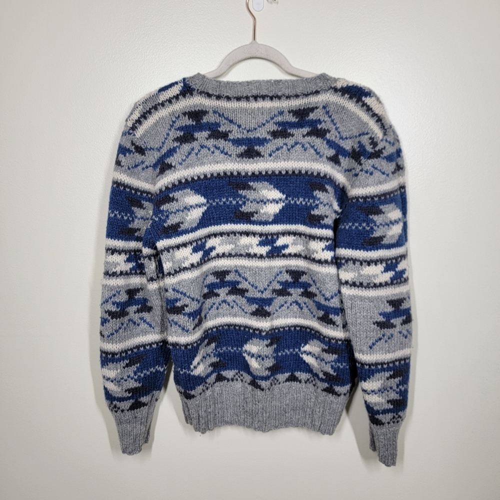 Vintage Woolrich patterned sweater blue grey 100% wool men's small - Picture 5 of 5